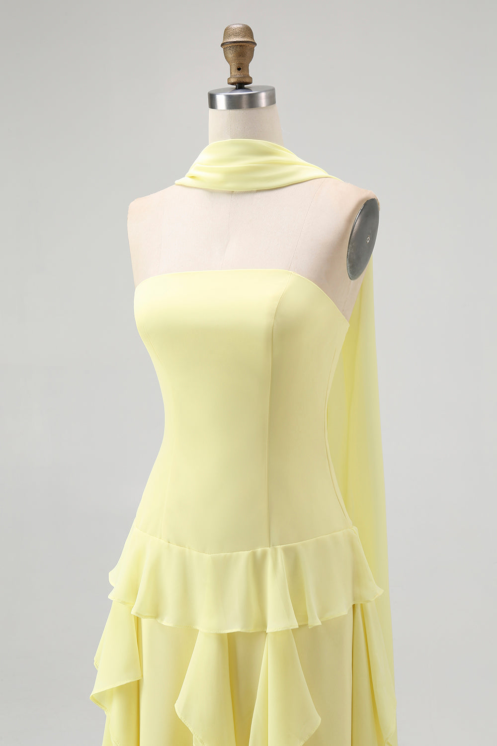 Yellow Strapless Chiffon Neck Scarf A-Line Ruffled Long Wedding Guest Dress