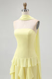 Yellow Strapless Chiffon Neck Scarf A-Line Ruffled Long Wedding Guest Dress
