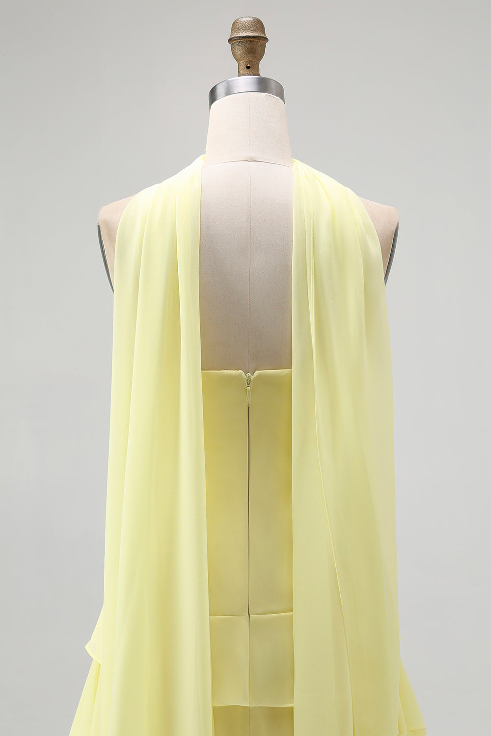 Yellow Strapless Chiffon Neck Scarf A-Line Ruffled Long Wedding Guest Dress