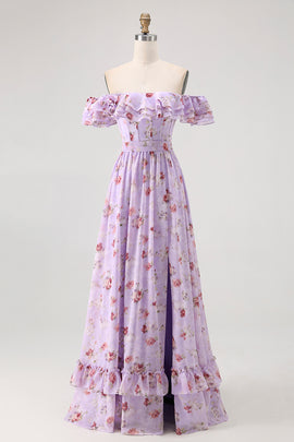 Purple Floral Off the Shoulder Chiffon A-Line Long Wedding Guest Dress with Ruffles