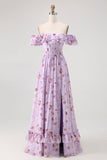 Purple Floral Off the Shoulder Chiffon A-Line Long Wedding Guest Dress with Ruffles