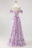 Purple Floral Off the Shoulder Chiffon A-Line Long Wedding Guest Dress with Ruffles
