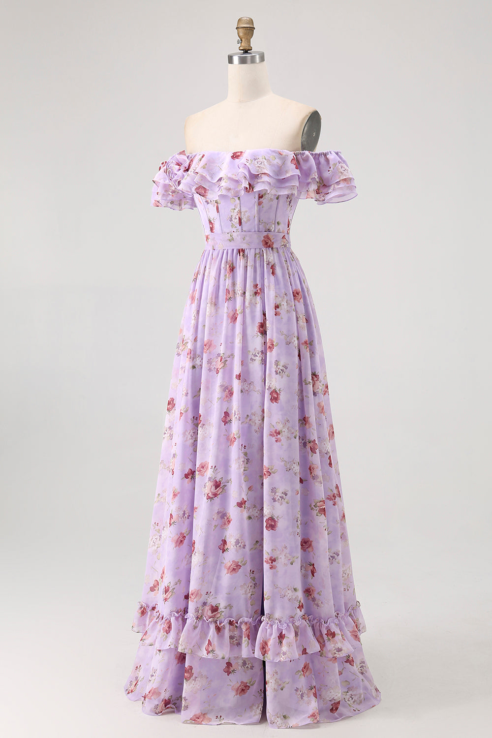 Purple Floral Off the Shoulder Chiffon A-Line Long Wedding Guest Dress with Ruffles