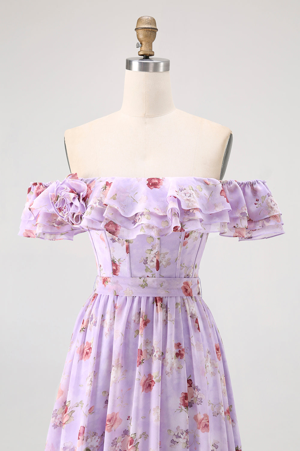 Purple Floral Off the Shoulder Chiffon A-Line Long Wedding Guest Dress with Ruffles