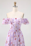 Purple Floral Off the Shoulder Chiffon A-Line Long Wedding Guest Dress with Ruffles