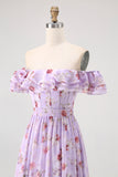 Purple Floral Off the Shoulder Chiffon A-Line Long Wedding Guest Dress with Ruffles