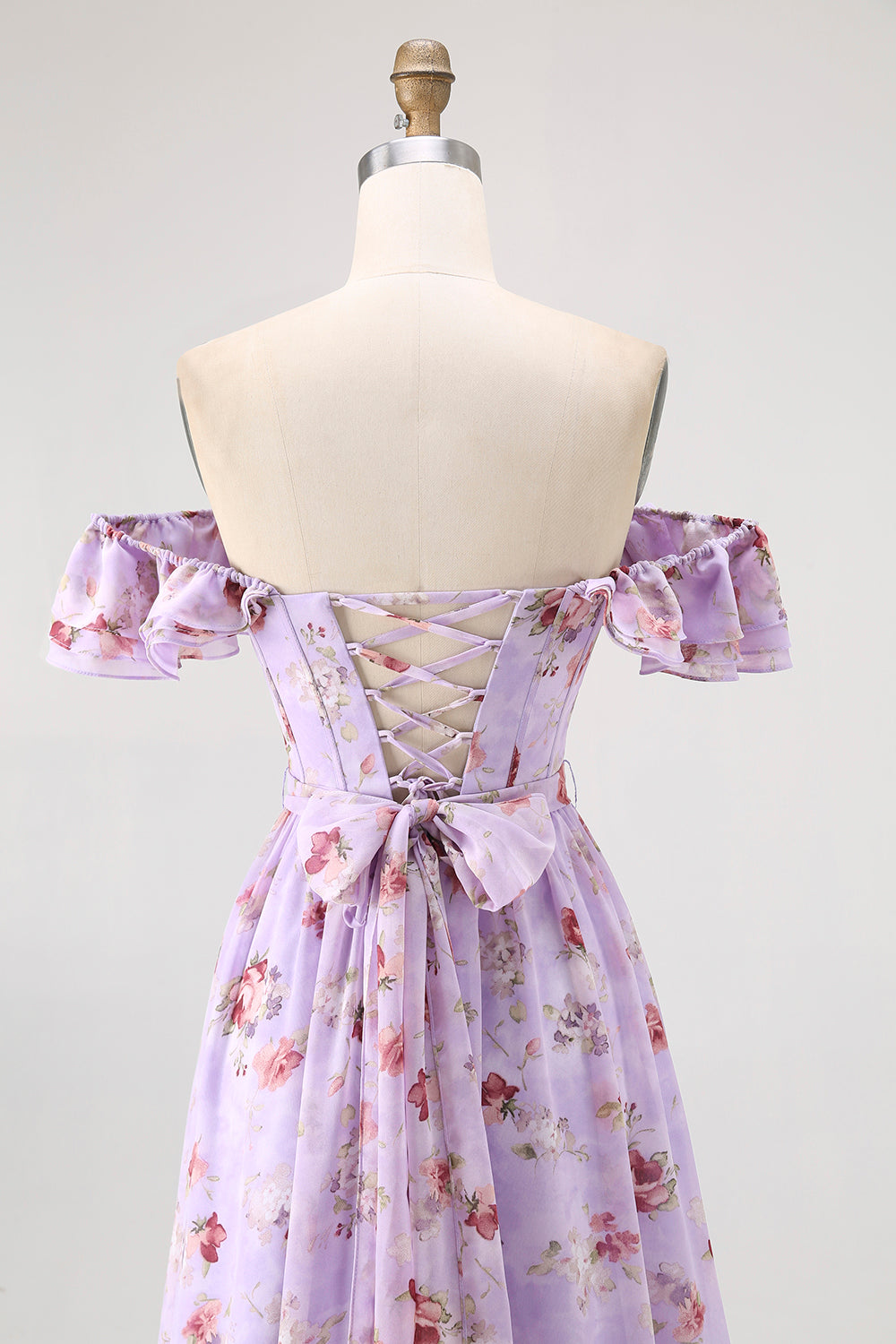 Purple Floral Off the Shoulder Chiffon A-Line Long Wedding Guest Dress with Ruffles