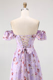 Purple Floral Off the Shoulder Chiffon A-Line Long Wedding Guest Dress with Ruffles