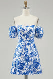 Blue Floral Chiffon Off the Shoulder Short Homecoming Dress with Sleeves