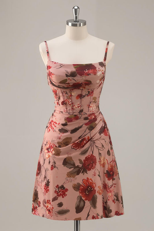 Dusty Rose Floral Ruched Chiffon Short Corset Homecoming Dress