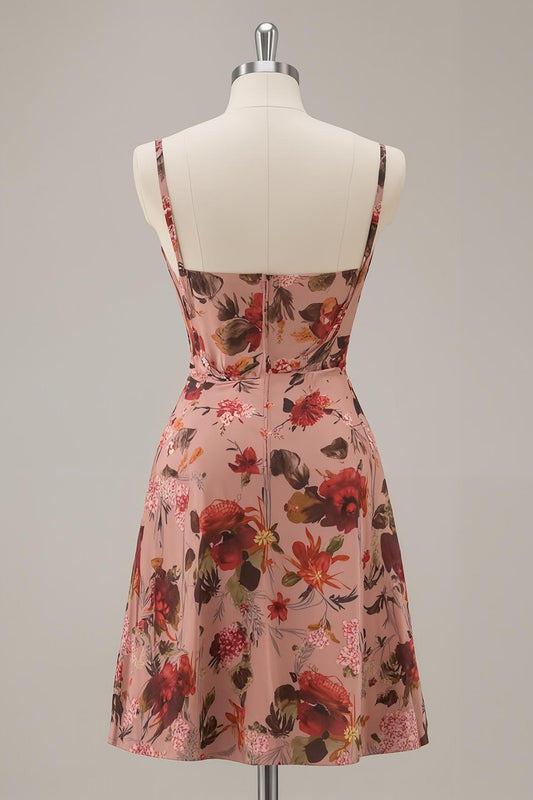 Dusty Rose Floral Ruched Chiffon Short Corset Homecoming Dress