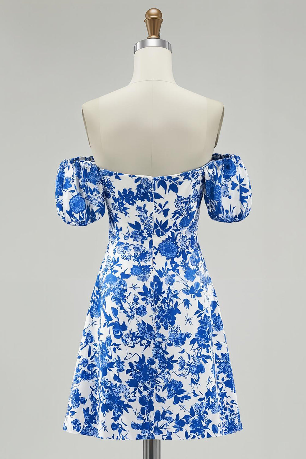 Blue Floral Chiffon Off the Shoulder Short Homecoming Dress with Sleeves