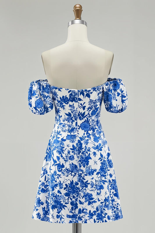 Blue Floral Chiffon Off the Shoulder Short Homecoming Dress with Sleeves