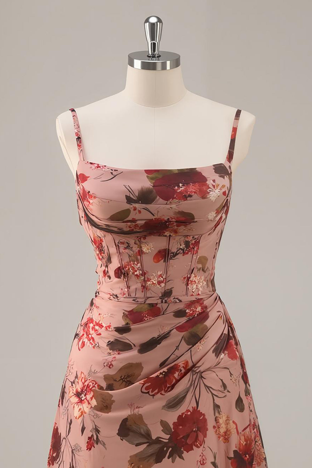 Dusty Rose Floral Ruched Chiffon Short Corset Homecoming Dress