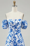 Blue Floral Chiffon Off the Shoulder Short Homecoming Dress with Sleeves