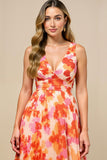 Sunset Chiffon Thick Straps Pleated Midi Wedding Guest Dress