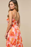 Sunset Chiffon Spaghetti Straps Midi Wedding Guest Dress with Pleats