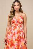 Sunset Spaghetti Straps Midi Chiffon Wedding Guest Dress with Pleats