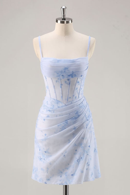 Light Blue Floral Tight Ruched Short Corset Homecoming Dress