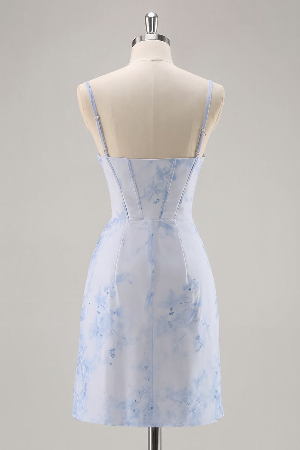 Light Blue Floral Tight Ruched Short Corset Homecoming Dress