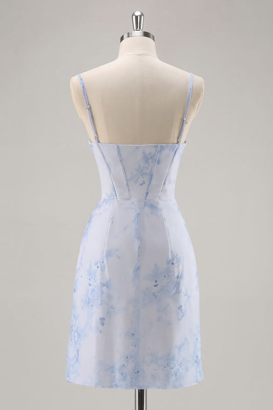 Light Blue Floral Tight Ruched Short Corset Homecoming Dress
