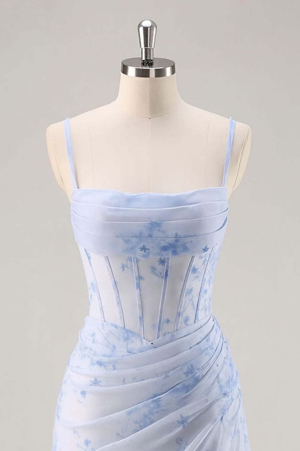 Light Blue Floral Tight Ruched Short Corset Homecoming Dress