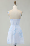 Light Blue Floral Tight Ruched Short Corset Homecoming Dress