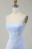 Light Blue Floral Tight Ruched Short Corset Homecoming Dress