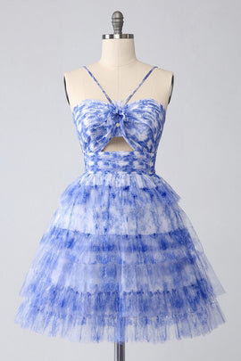 Blue Tiered Keyhole Floral Short Homecoming Dress with Ruffles