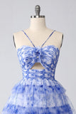 Blue Tiered Keyhole Floral Short Homecoming Dress with Ruffles