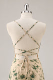 Champagne Floral Ruched Short Homecoming Dress with Ruffles