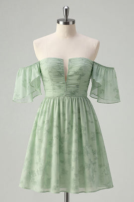 Sage Green Off the Shoulder Floral Short Homecoming Dress with Ruffles