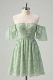 Sage Green Off the Shoulder Floral Short Homecoming Dress with Ruffles