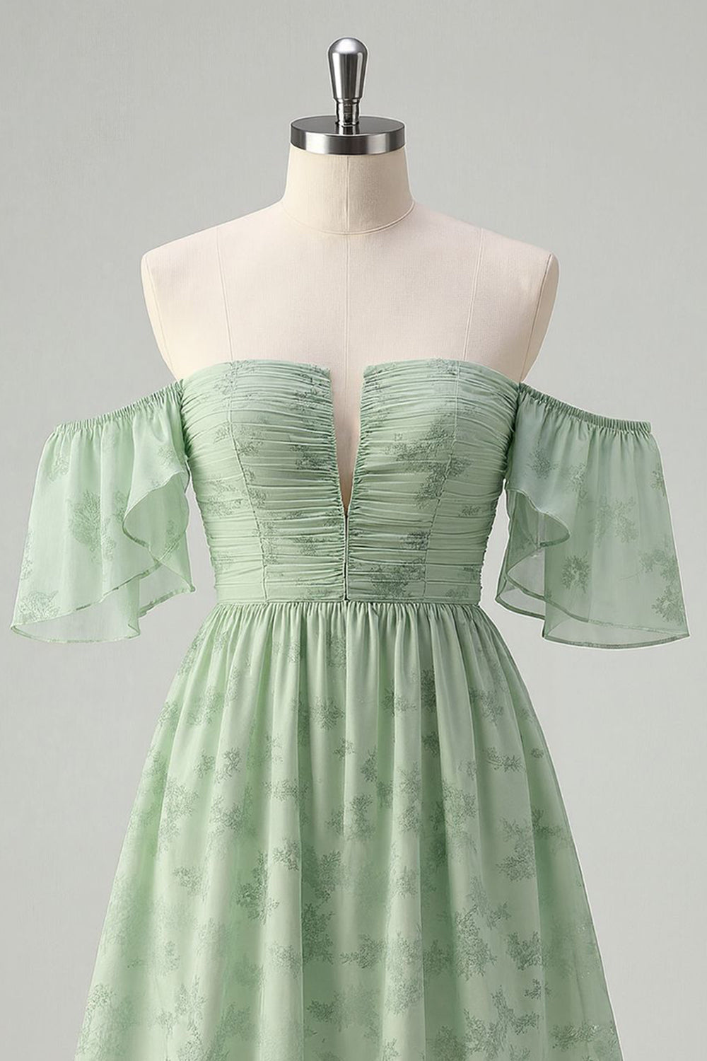 Sage Green Off the Shoulder Floral Short Homecoming Dress with Ruffles