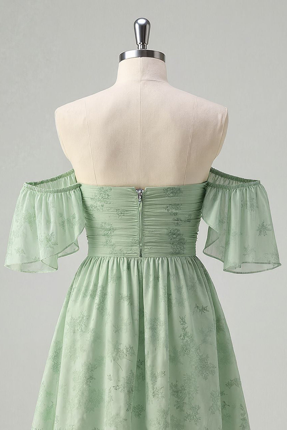 Sage Green Off the Shoulder Floral Short Homecoming Dress with Ruffles