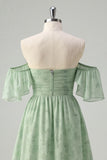 Sage Green Off the Shoulder Floral Short Homecoming Dress with Ruffles