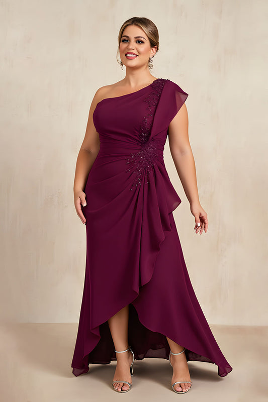 Burgundy Sheath Ruched Long Plus Size Mother of the Bride Dress with Beading