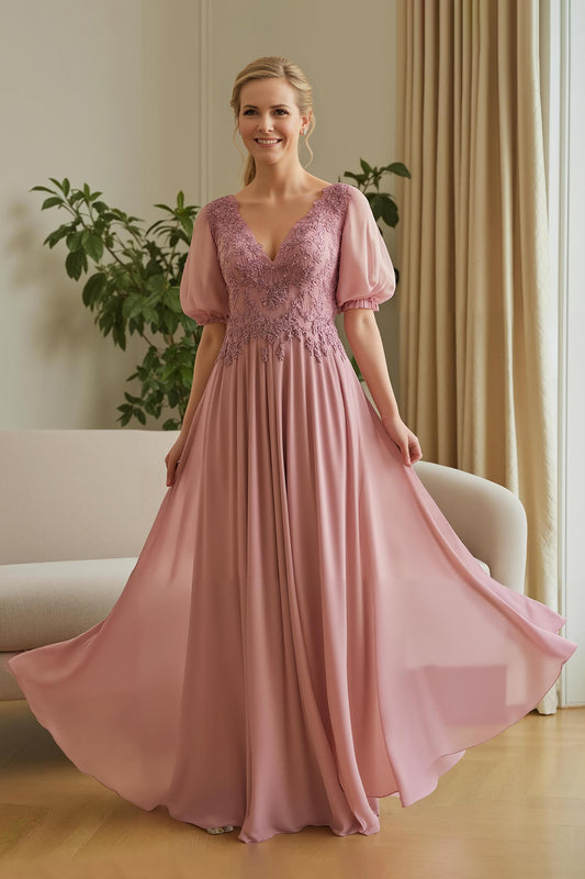 Dusty Rose A Line Appliqued Long Mother of the Bride Dress with Sleeves