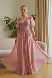 Dusty Rose A Line Appliqued Long Mother of the Bride Dress with Sleeves