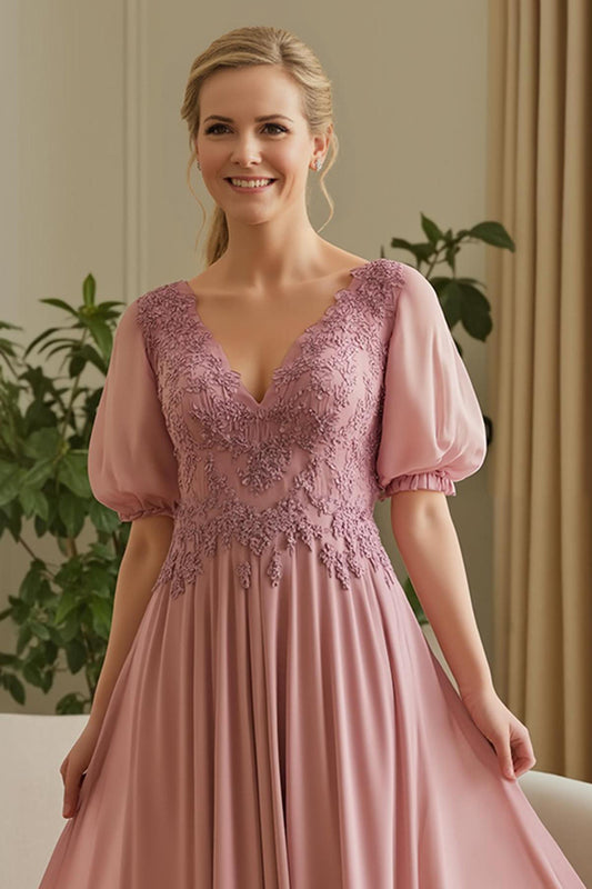 Dusty Rose A Line Appliqued Long Mother of the Bride Dress with Sleeves