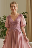 Dusty Rose A Line Appliqued Long Mother of the Bride Dress with Sleeves