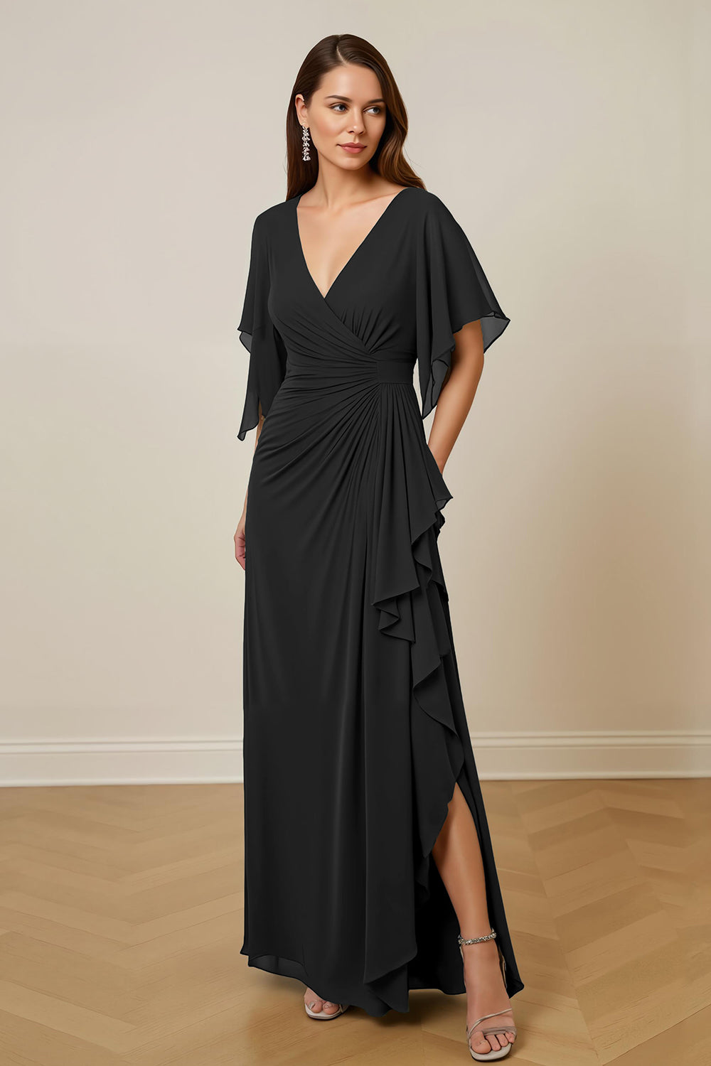Dark Green Chiffon Sheath Ruched Long Mother of the Bride Dress with Ruffles