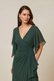 Dark Green Chiffon Sheath Ruched Long Mother of the Bride Dress with Ruffles
