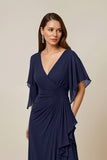 Dark Green Chiffon Sheath Ruched Long Mother of the Bride Dress with Ruffles