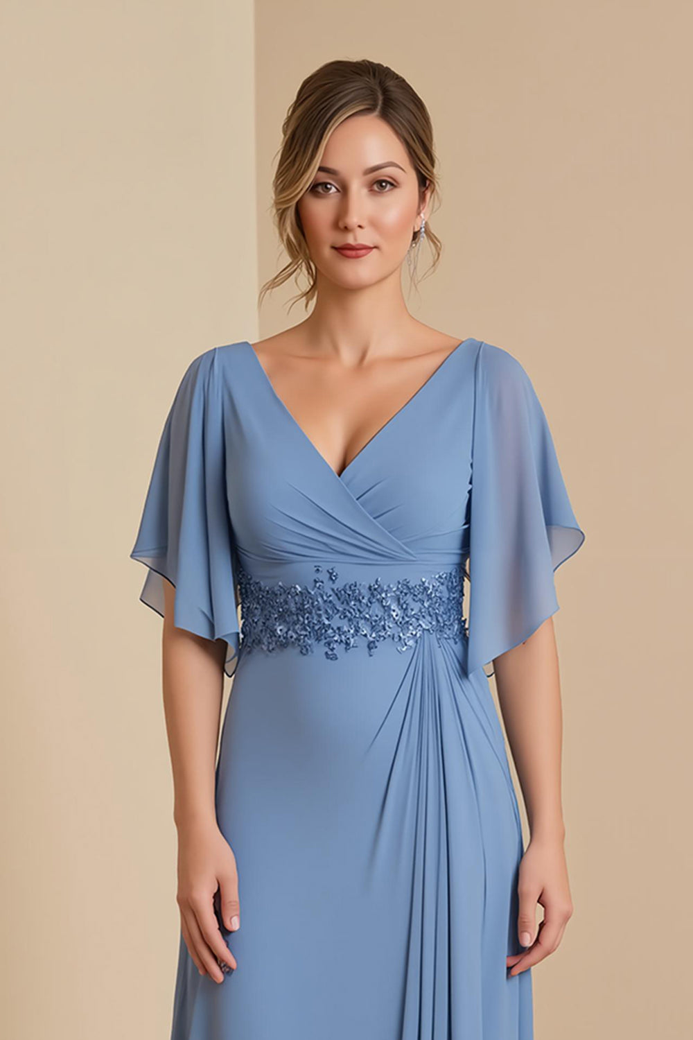 Dusty Blue Chiffon Appliqued Long Mother of the Bride Dress with Ruffles