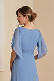 Dusty Blue Chiffon Appliqued Long Mother of the Bride Dress with Ruffles