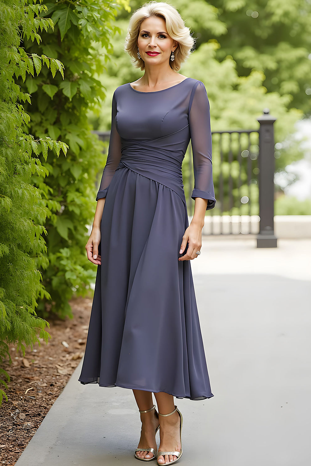 Steel Grey Chiffon A Line Boat Neck Long Mother of the Bride Dress with Sleeves