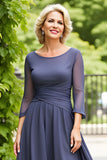 Steel Grey Chiffon A Line Boat Neck Long Mother of the Bride Dress with Sleeves
