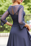 Steel Grey Chiffon A Line Boat Neck Long Mother of the Bride Dress with Sleeves
