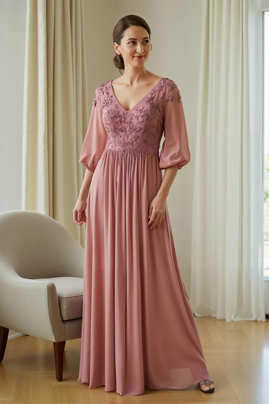 Dusty Rose Chiffon Appliqued Long Mother of the Bride Dress with Sleeves